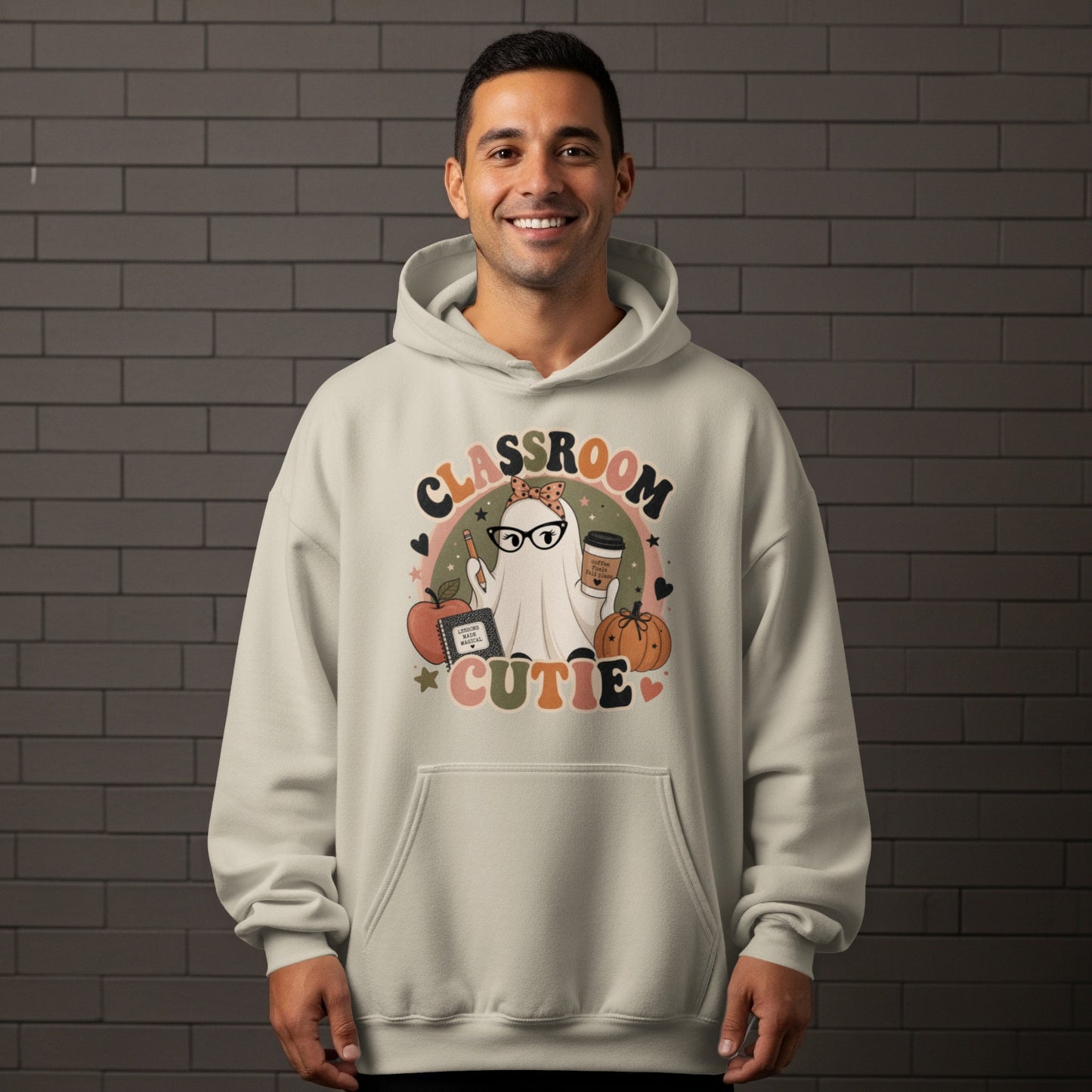 Graphic of a ghost holding coffee, with "Classroom Cutie" text and fall elements.