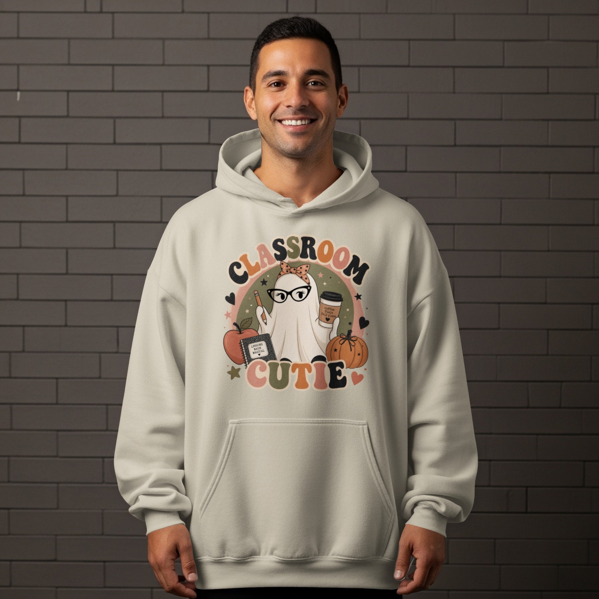 Graphic of a ghost holding coffee, with "Classroom Cutie" text and fall elements.