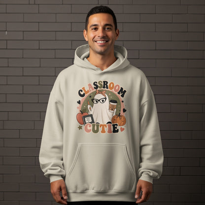Graphic of a ghost holding coffee, with "Classroom Cutie" text and fall elements.