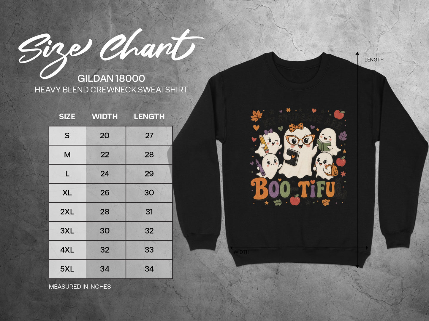 Gildan 18000 sweatshirt size chart with measurements in inches and a "Boo Tiful" ghost graphic.