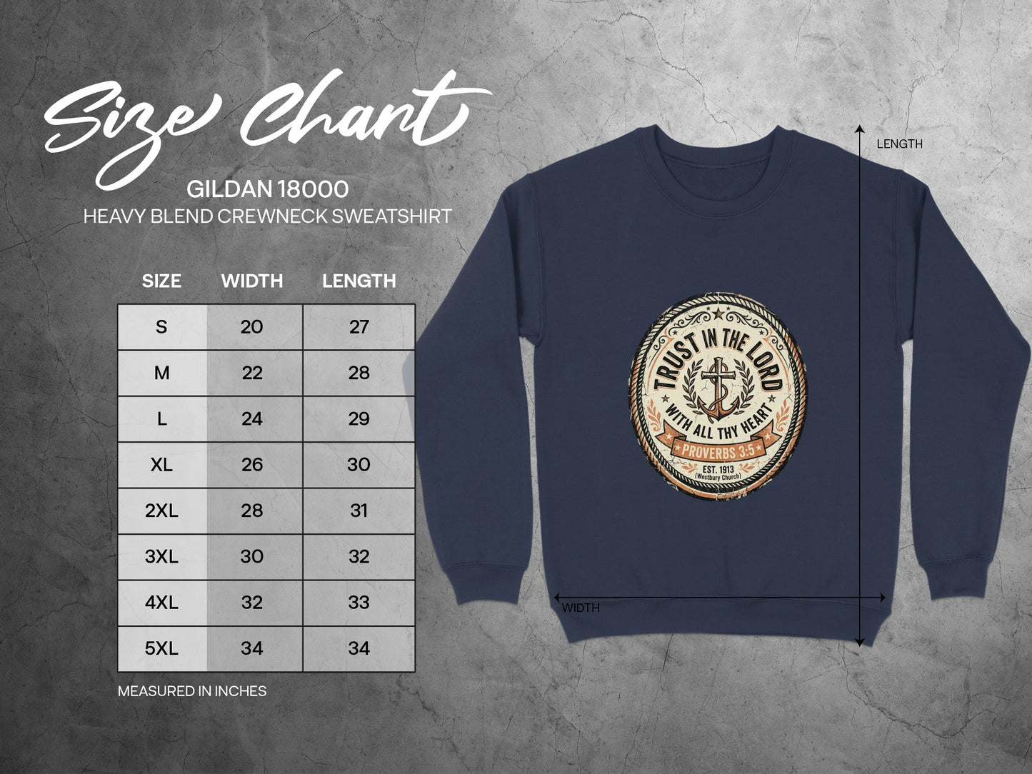 Gildan 18000 sweatshirt size chart with chest width and length measurements.