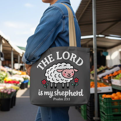 Dark grey tote bag with a sheep graphic and text "THE LORD is my shepherd Psalm 23:1".