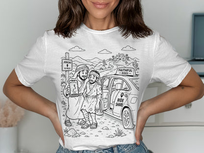 T-shirt graphic of two men next to a car labeled "Faithful Rideshare".
