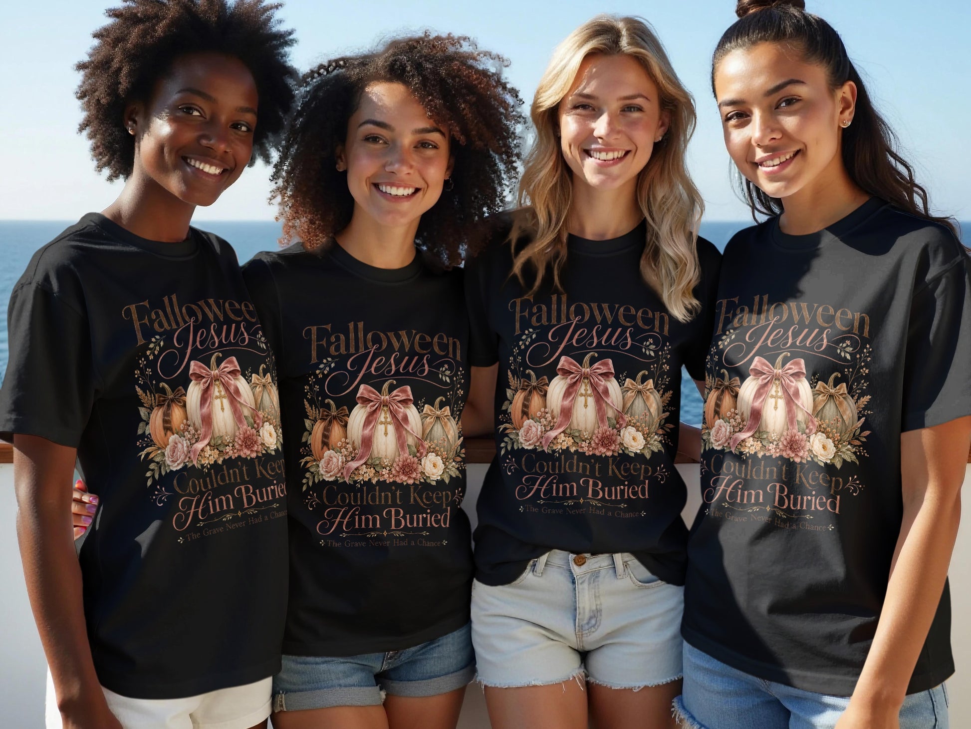 Black t-shirts with "Halloween Jesus Couldn't Keep Him Buried" graphic.