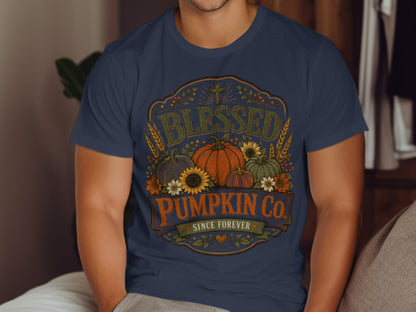 Navy t-shirt with "Blessed Pumpkin Co. Since Forever" text and autumnal pumpkins and sunflowers.