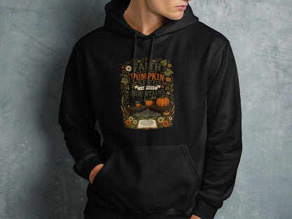 Hoodie with pumpkin patch, floral border, and Bible verse about faith.