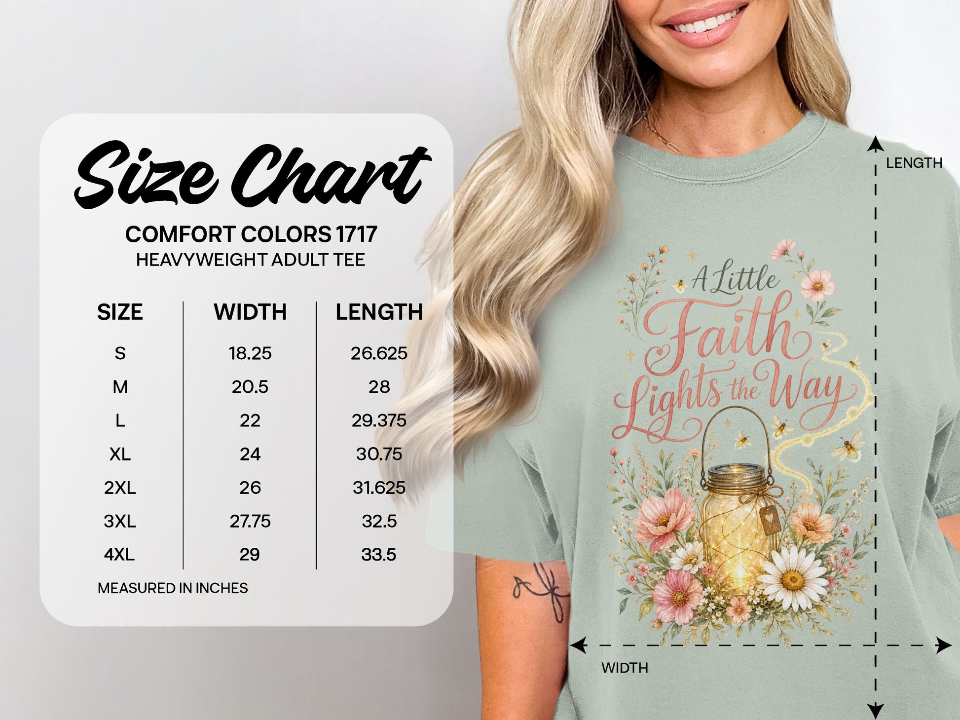Comfort Colors 1717 heavyweight adult tee size chart with width and length measurements.