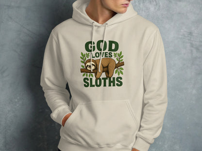 Cream hoodie with a sloth on a branch and "God Loves Sloths" text.