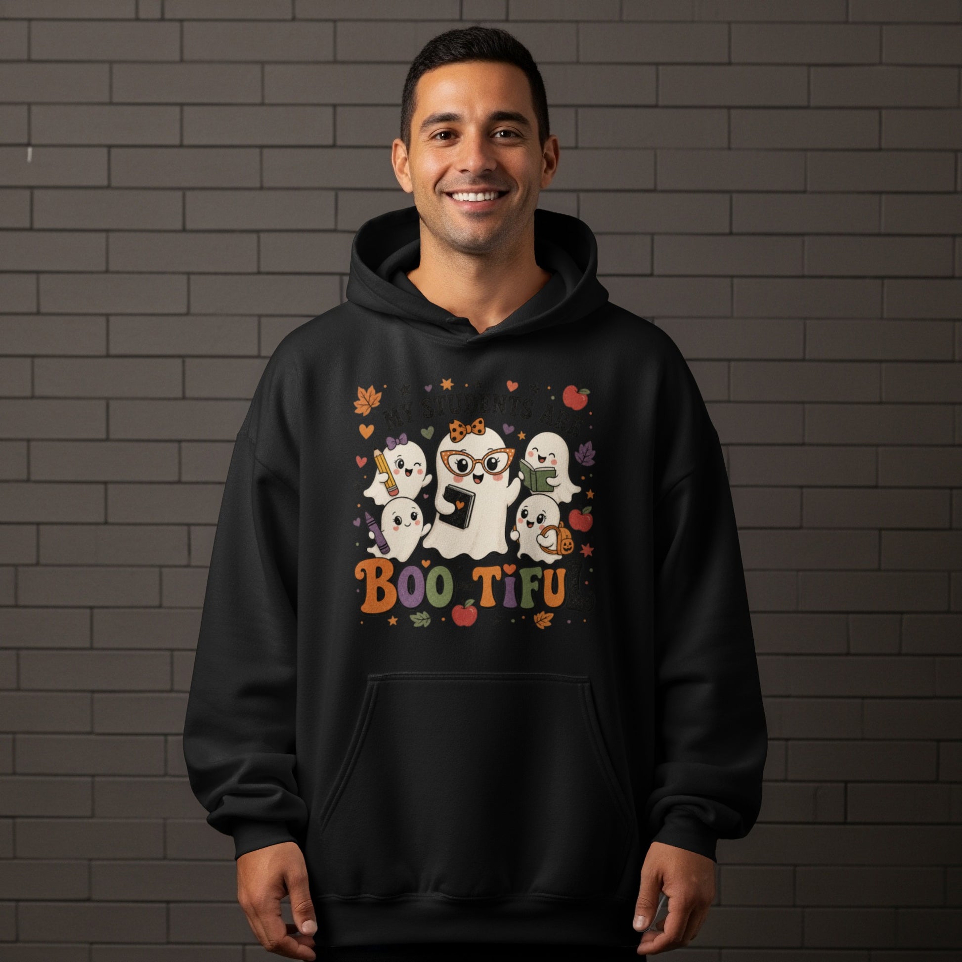 Black hoodie with "My students are boo-tiful" Halloween ghost graphic.