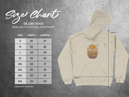 Gildan 18500 hooded sweatshirt size chart with measurements and James 1:17 Bible verse graphic.