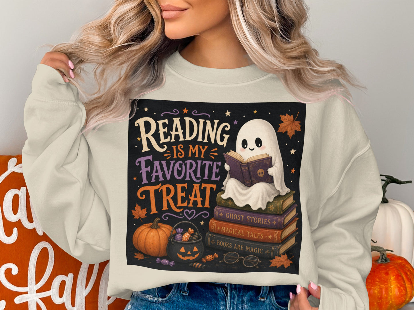 Ghost reading books with text "Reading is my favorite treat."