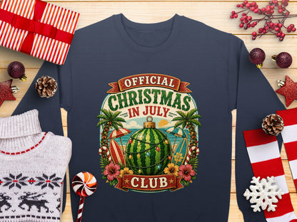 Sweatshirt with "Official Christmas in July Club" text, palm trees, watermelon, and surfboard.