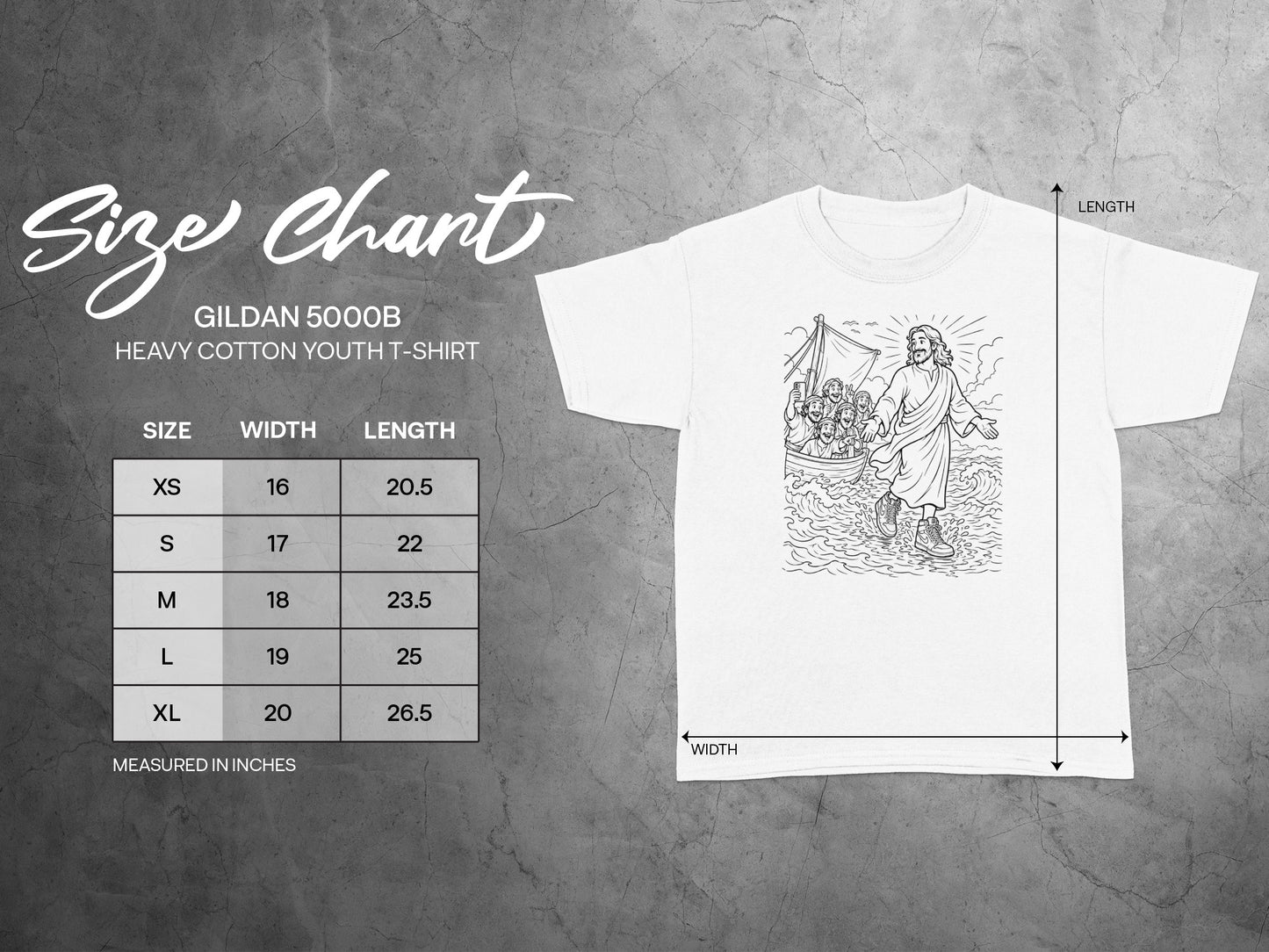 Gildan 5000B youth t-shirt size chart with measurements in inches.