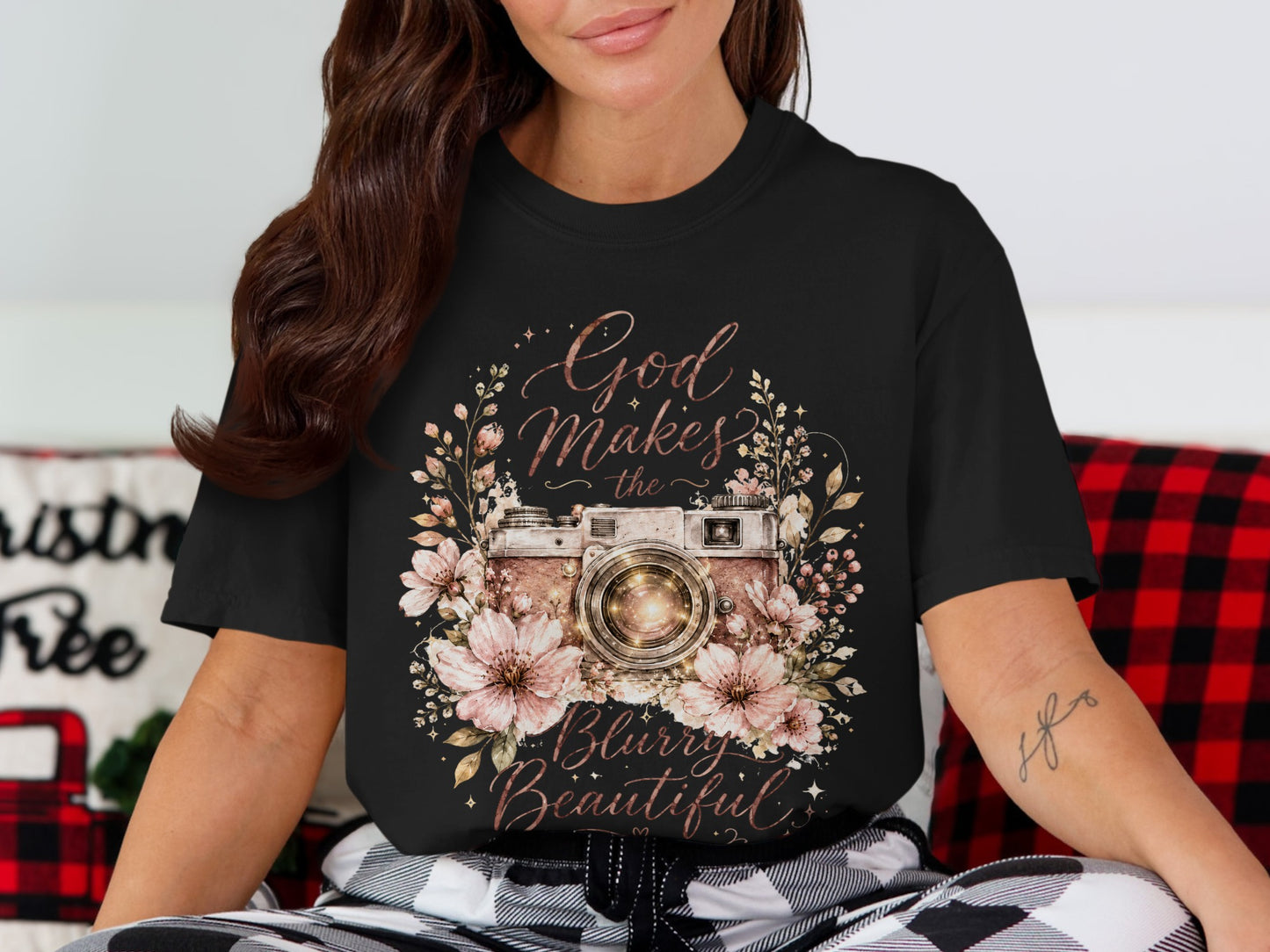 Black t-shirt with a vintage camera surrounded by flowers and text reading "God Makes the Blurry Beautiful."