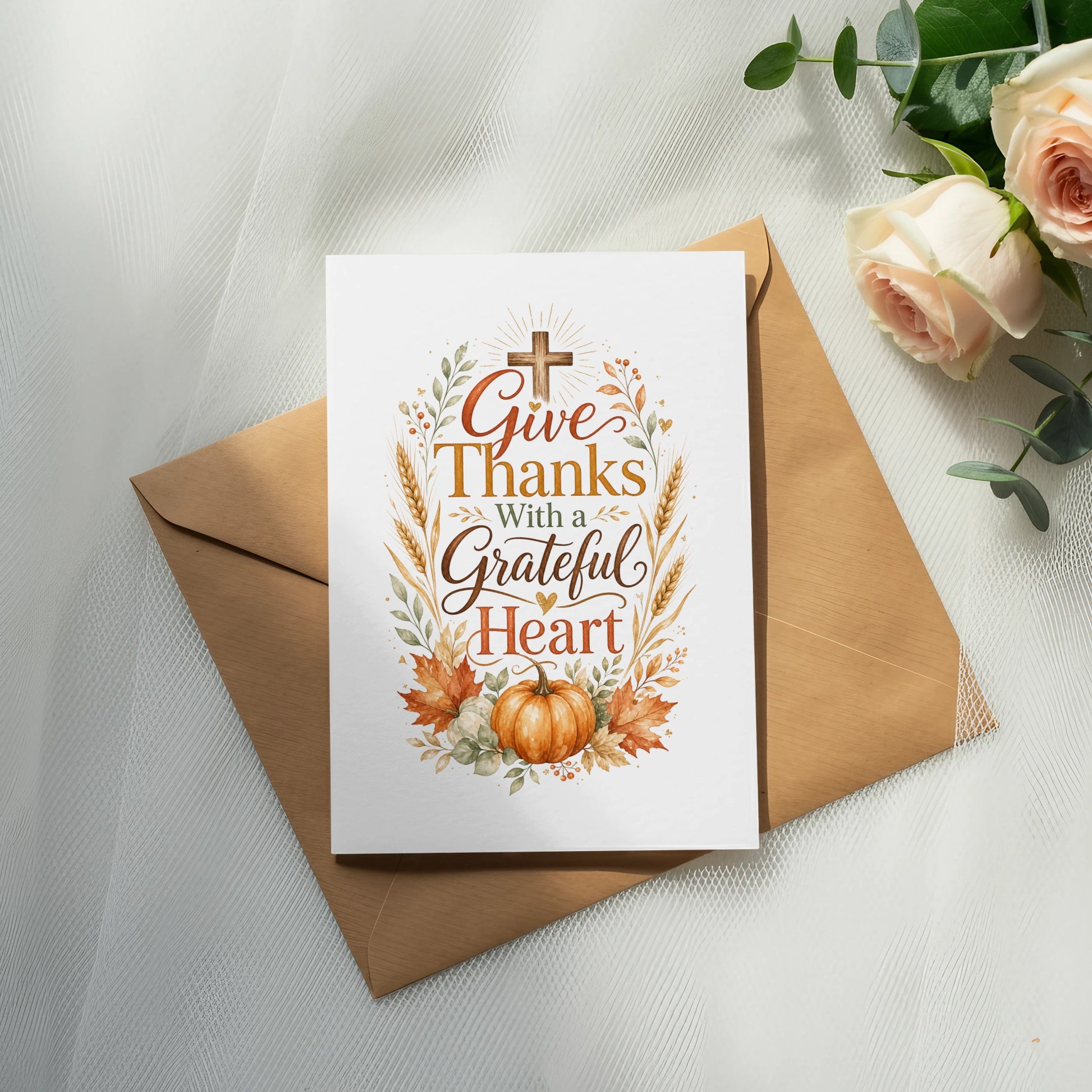 Card with text "Give Thanks With a Grateful Heart", a cross, pumpkin, and fall leaves.