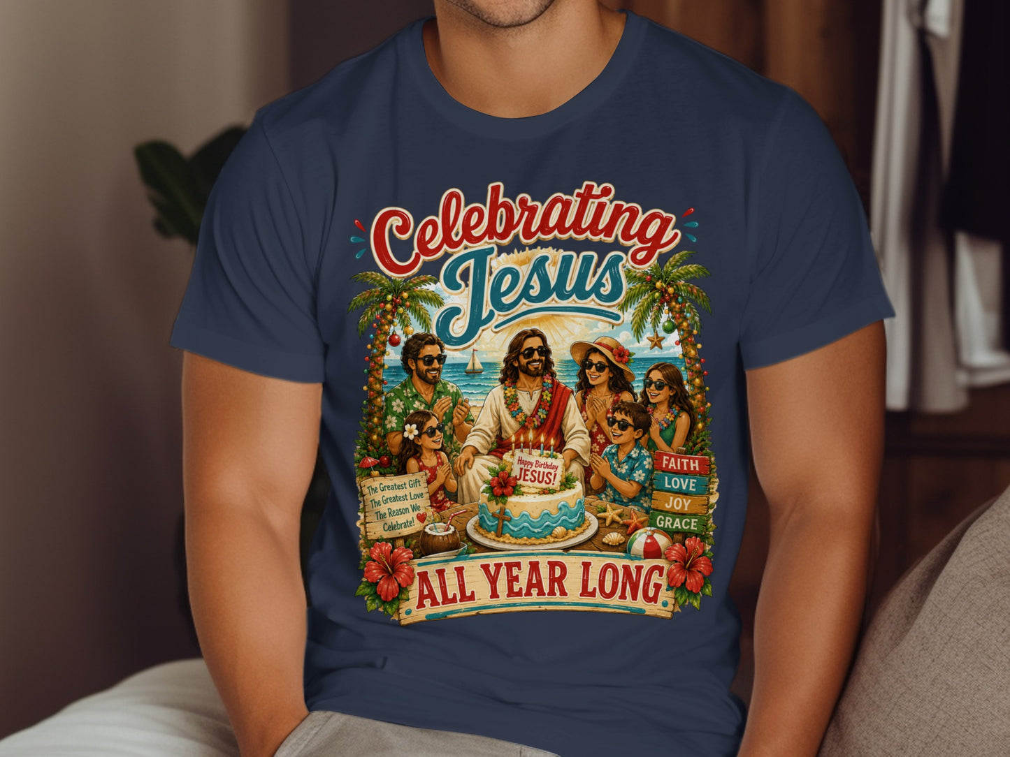 Navy t-shirt with "Celebrating Jesus ALL YEAR LONG" graphic featuring a beach birthday scene.