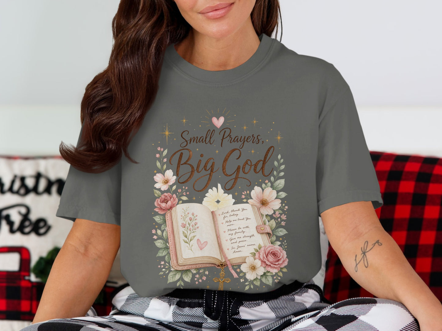 "Small Prayers, Big God" graphic with an open book, flowers, and prayer on a gray t-shirt.