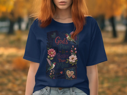 Navy t-shirt with "God's Plan is Better Than Mine" text and hummingbirds.