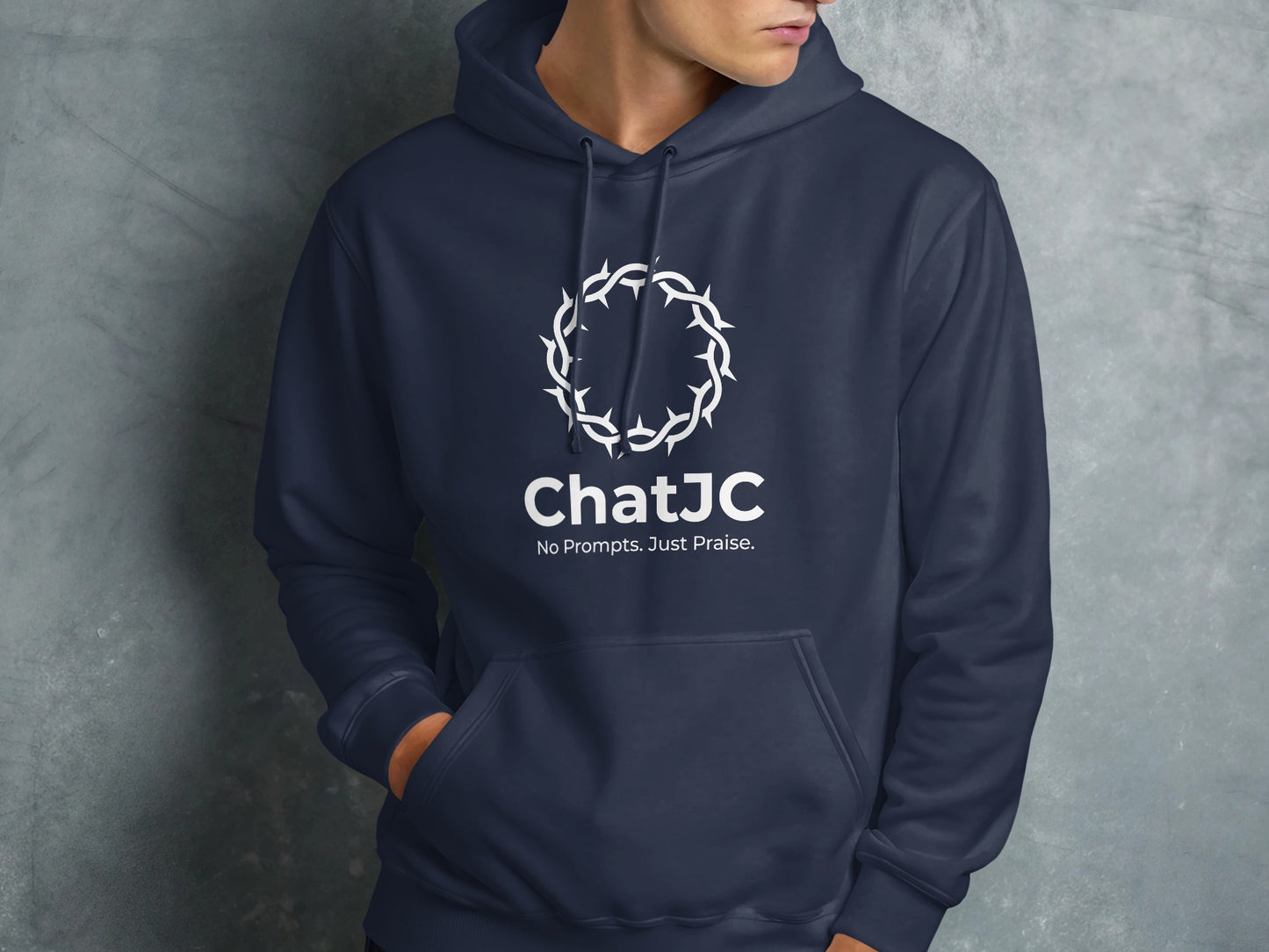 Navy hoodie with white "ChatJC" logo and crown of thorns.