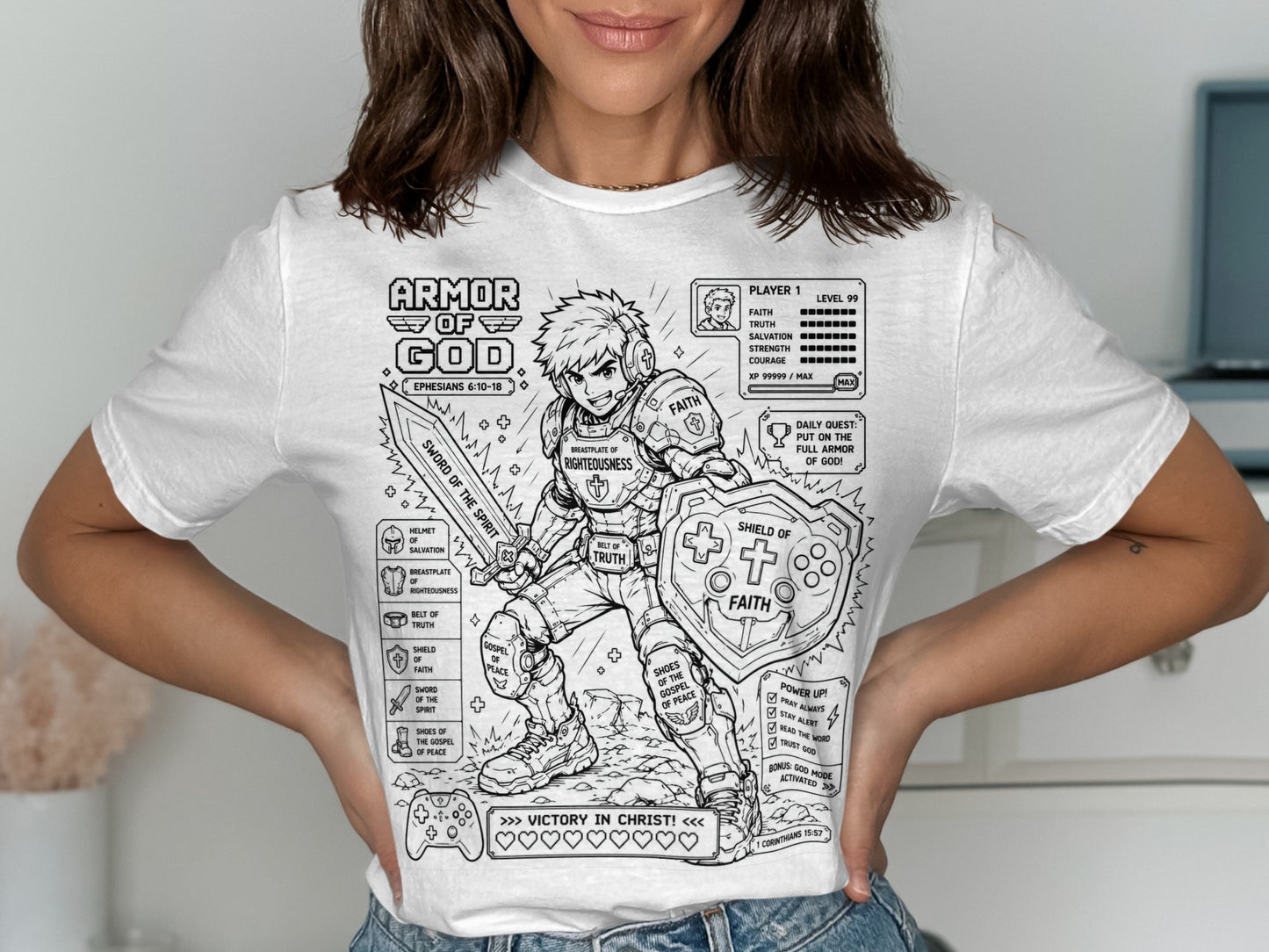 T-shirt design illustrating the Armor of God with scripture references and game-like stats.