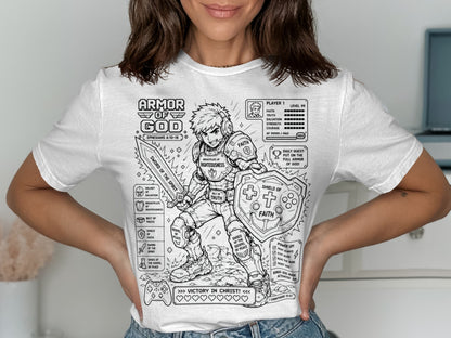 T-shirt design illustrating the Armor of God with scripture references and game-like stats.