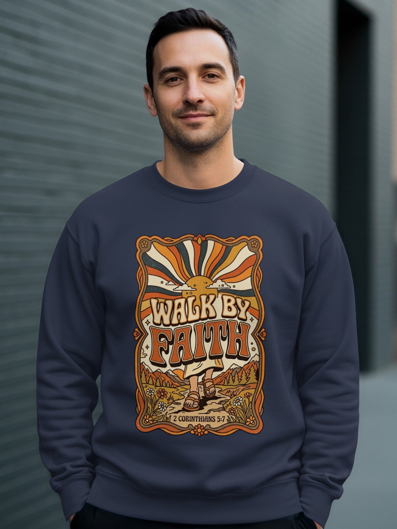 Crewneck sweatshirt with "Walk by Faith" and retro sunburst design.