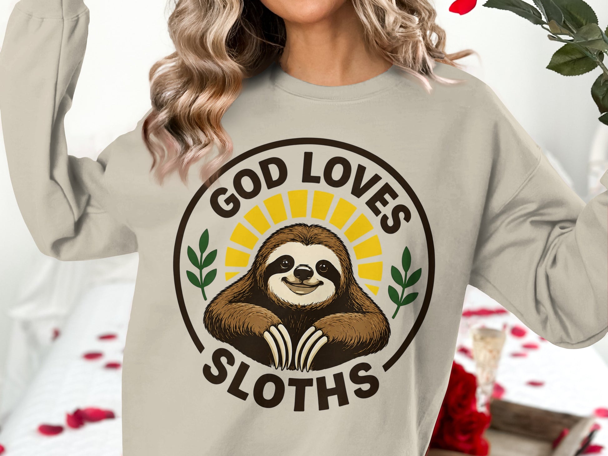 Crewneck sweatshirt with "God Loves Sloths" text and a smiling sloth graphic.