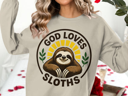 Crewneck sweatshirt with "God Loves Sloths" text and a smiling sloth graphic.