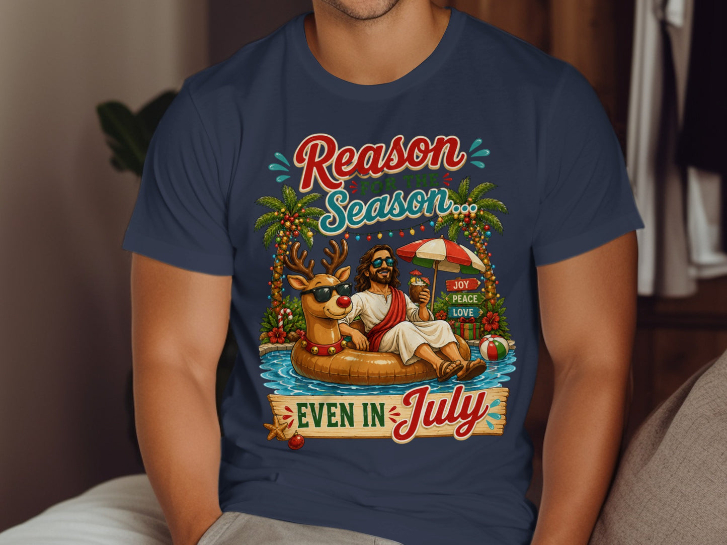 Jesus in a float with reindeer, "Reason Season Even in July" text.
