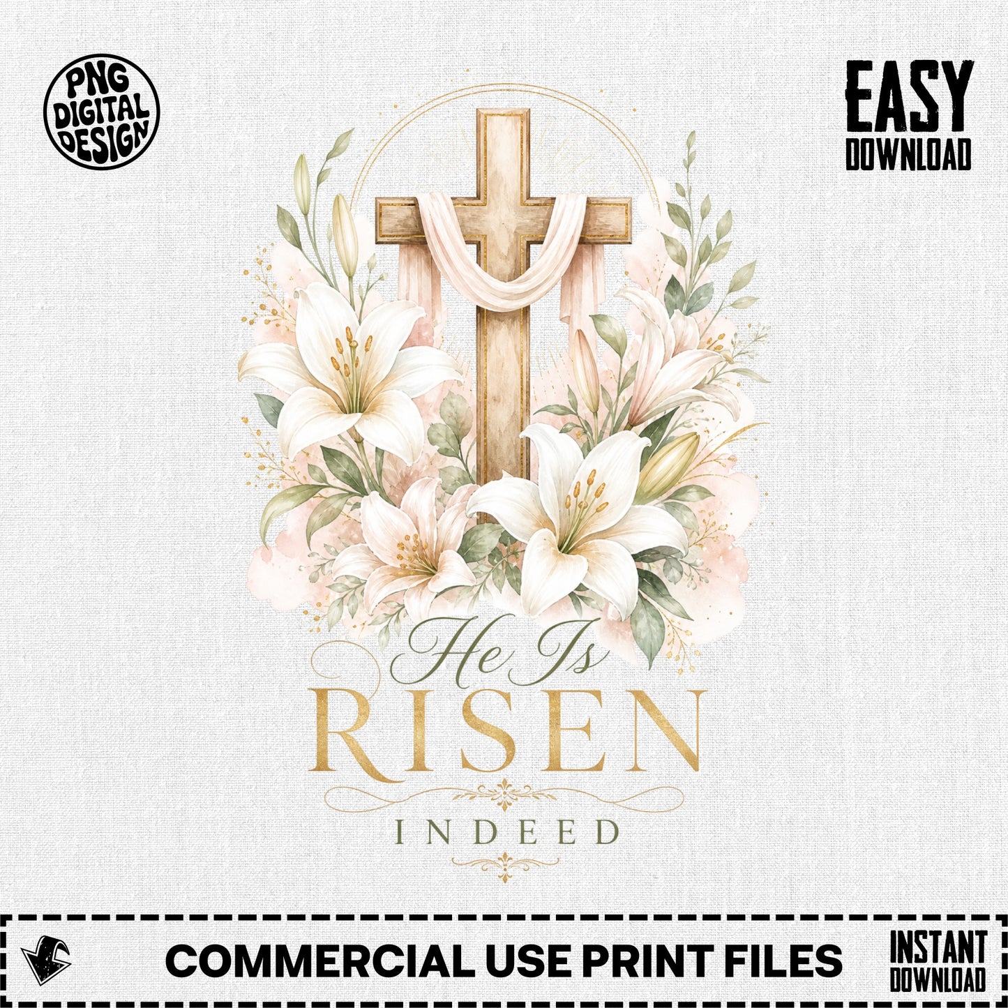 Wooden cross adorned with lilies and elegant text "He Is RISEN INDEED."