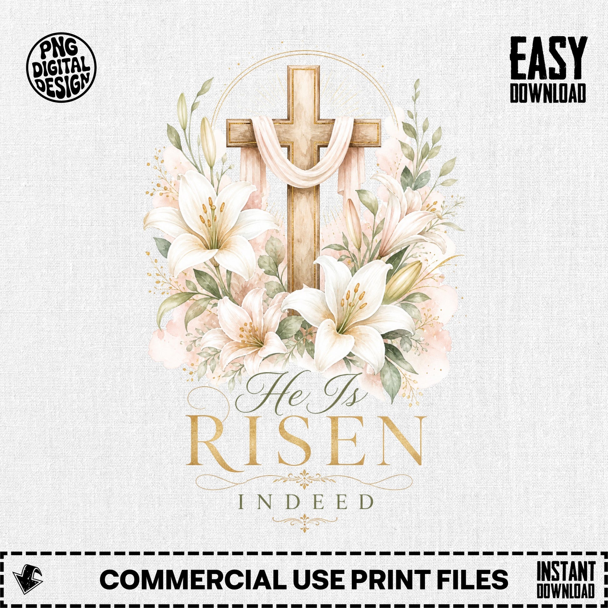 Wooden cross adorned with lilies and elegant text "He Is RISEN INDEED."