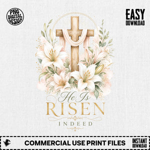 He Is Risen Indeed Easter cross white lily floral Scripture printable