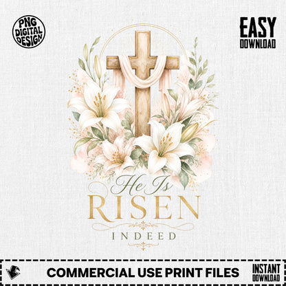 Wooden cross adorned with lilies and elegant text "He Is RISEN INDEED."