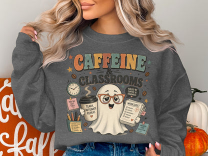 Ghost holding coffee and worksheet, "Caffeine & Classrooms" text.