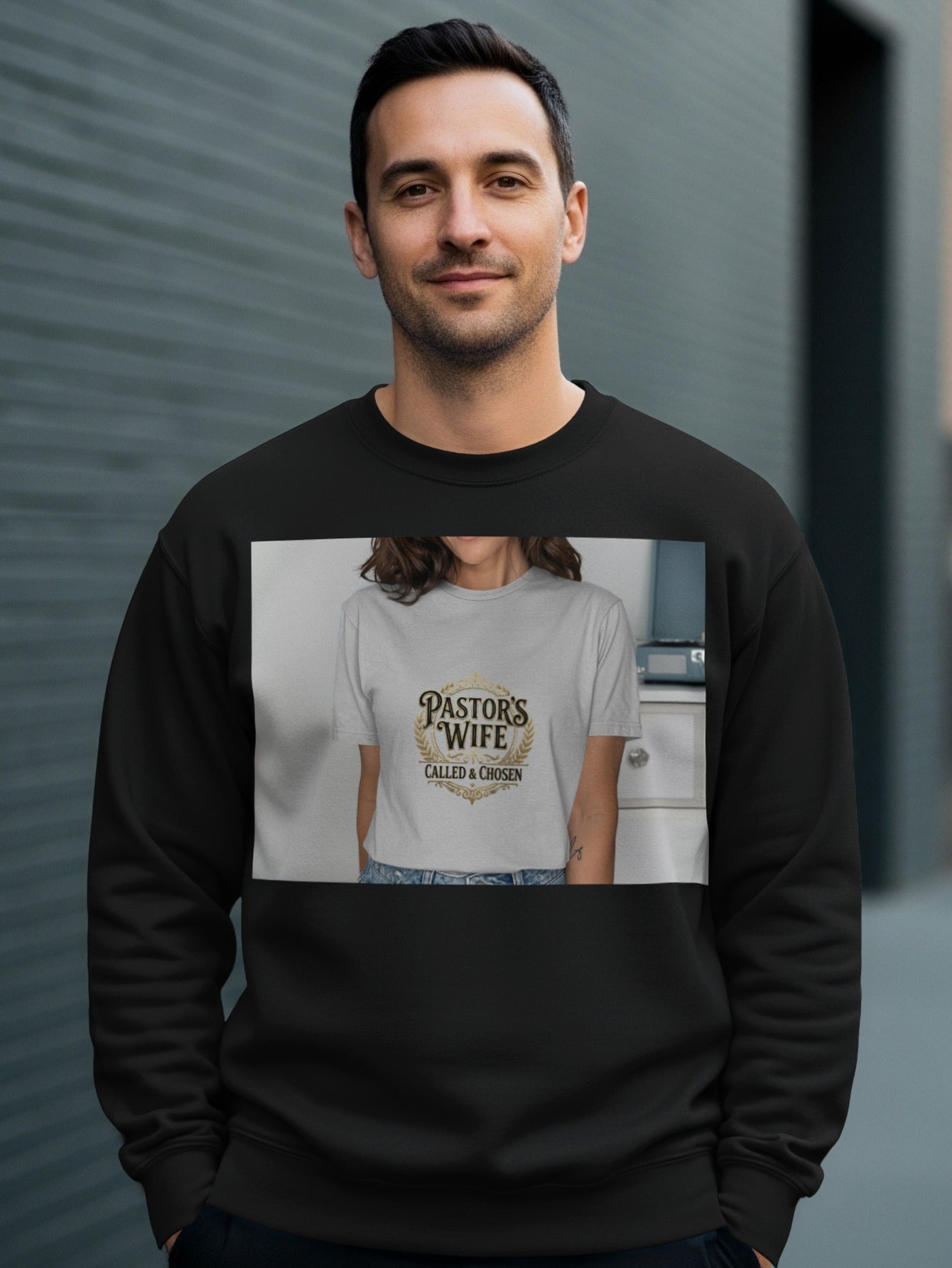 Black sweatshirt featuring a white t-shirt with "Pastor's Wife Called & Chosen" text.