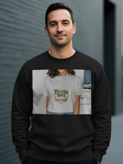 Black sweatshirt featuring a white t-shirt with "Pastor's Wife Called & Chosen" text.