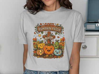 T-shirt graphic with pumpkins and "God's Pumpkin Patch Jesus" text.