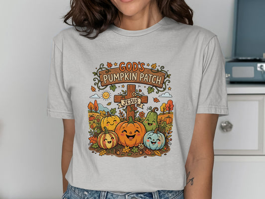 T-shirt graphic with pumpkins and "God's Pumpkin Patch Jesus" text.