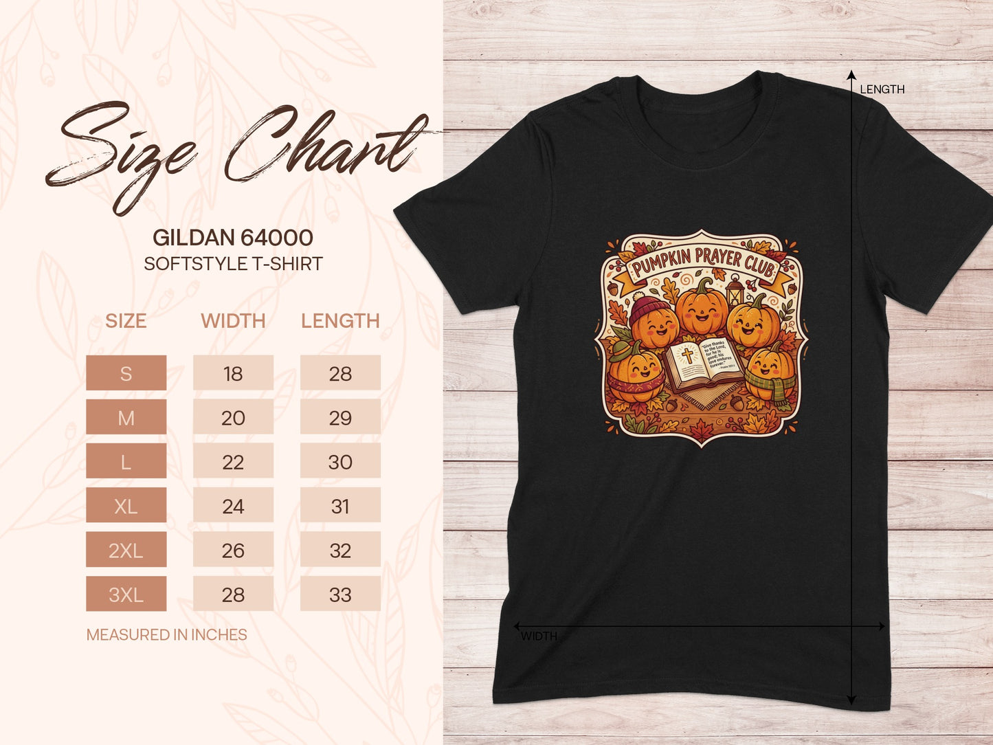 Gildan 64000 t-shirt size chart with "Pumpkin Prayer Club" graphic.