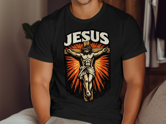 Black t-shirt featuring a Jesus crucifixion graphic with orange rays.