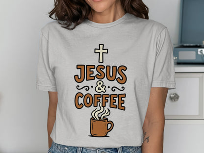 Gray t-shirt with "JESUS & COFFEE" text and a cross above a coffee mug.