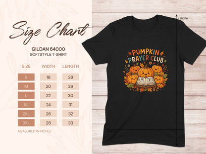 Gildan 64000 size chart for Pumpkin Prayer Club t-shirt.