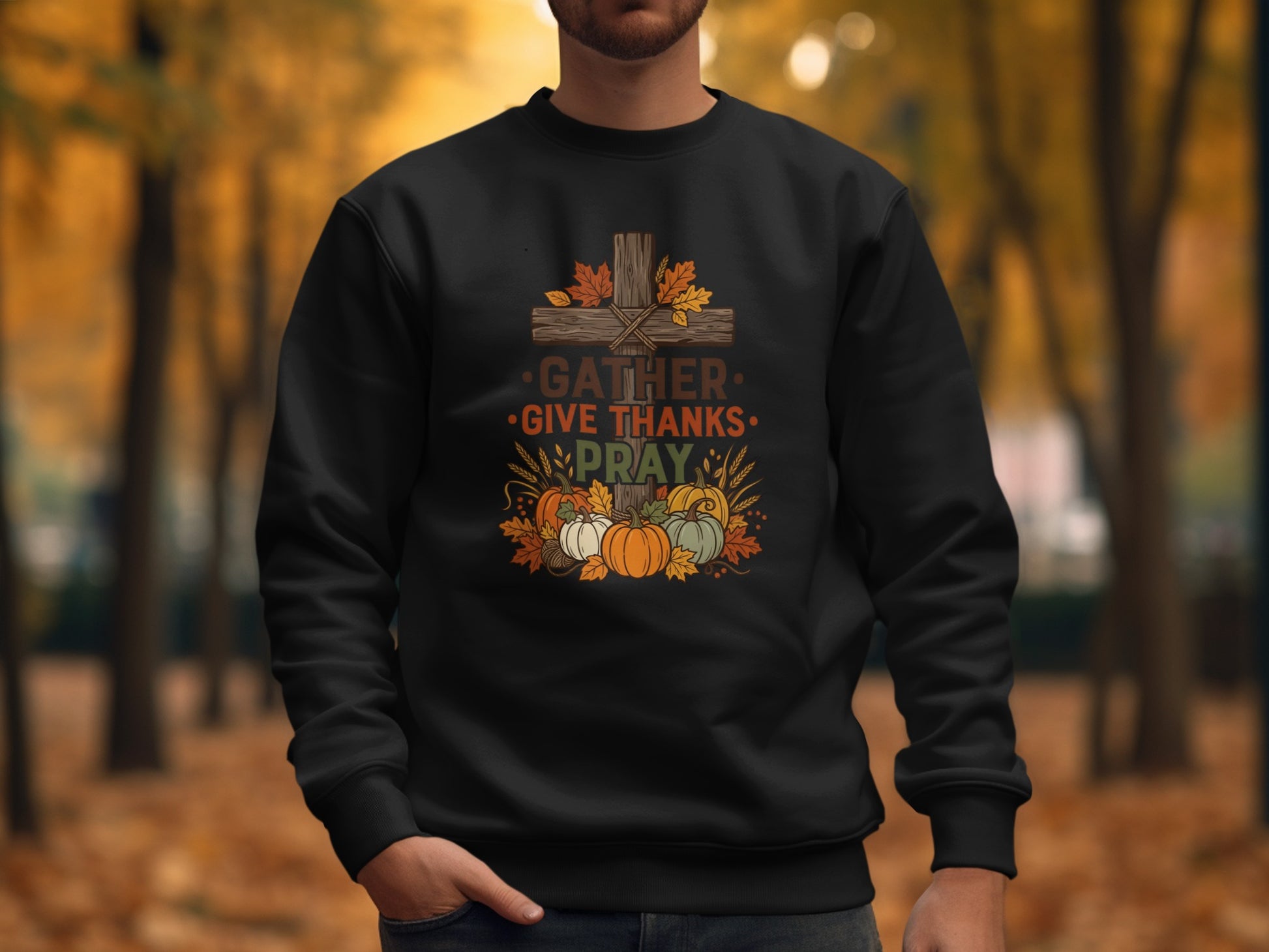 Black sweatshirt with fall-themed graphic: cross, pumpkins, leaves, and text "GATHER GIVE THANKS PRAY".