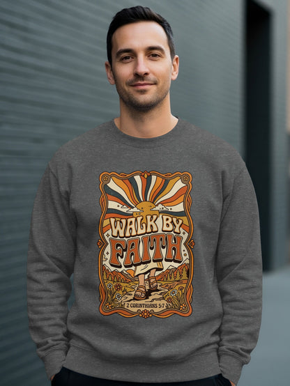 Man wearing sweatshirt with "Walk by Faith" and 2 Corinthians 3:7 graphic.