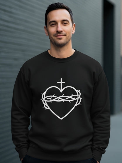 Black sweatshirt with white Sacred Heart of Jesus graphic.