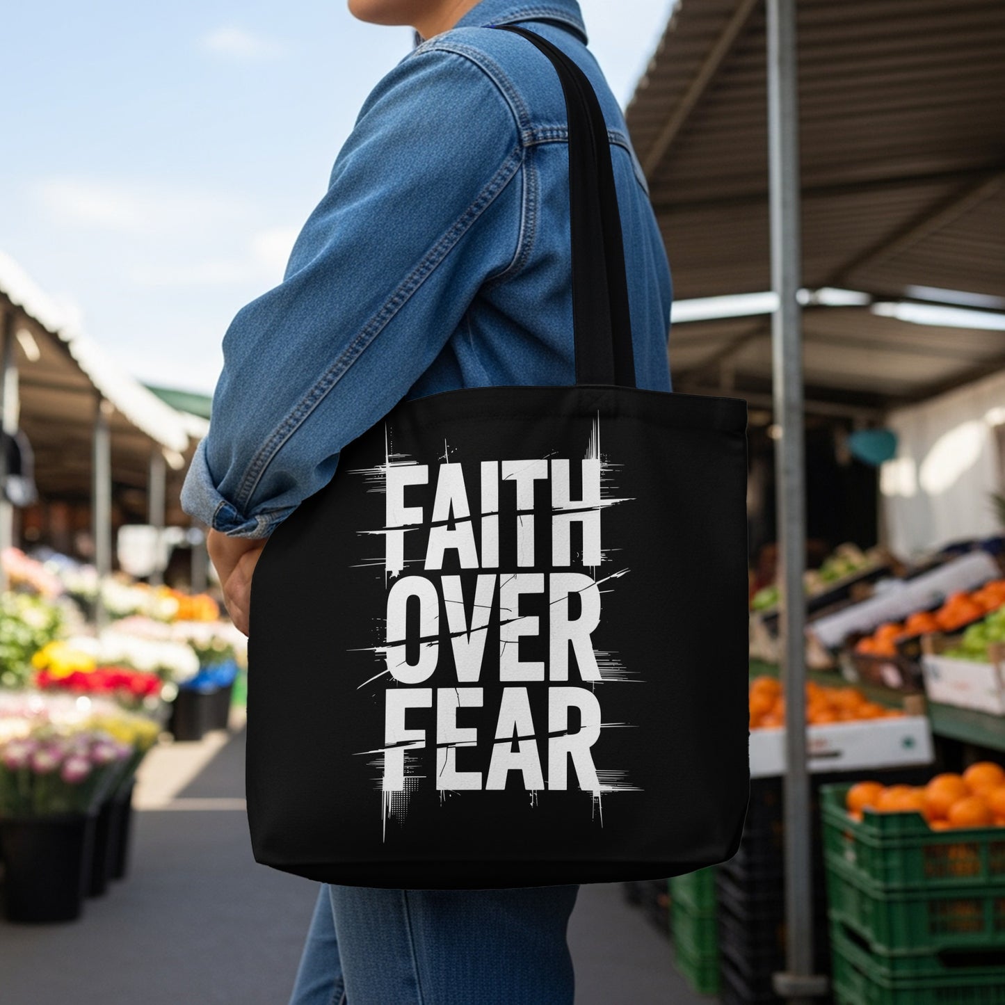 Black tote bag with "FAITH OVER FEAR" text, worn by person at outdoor market.