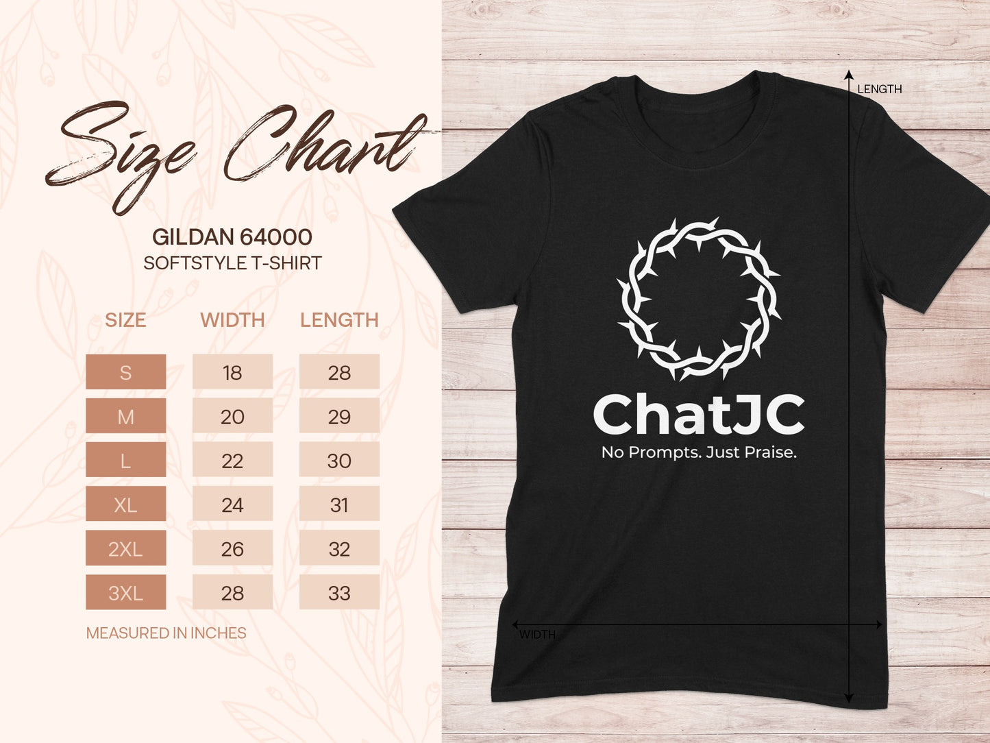 Gildan 64000 softstyle t-shirt size chart with measurements in inches.