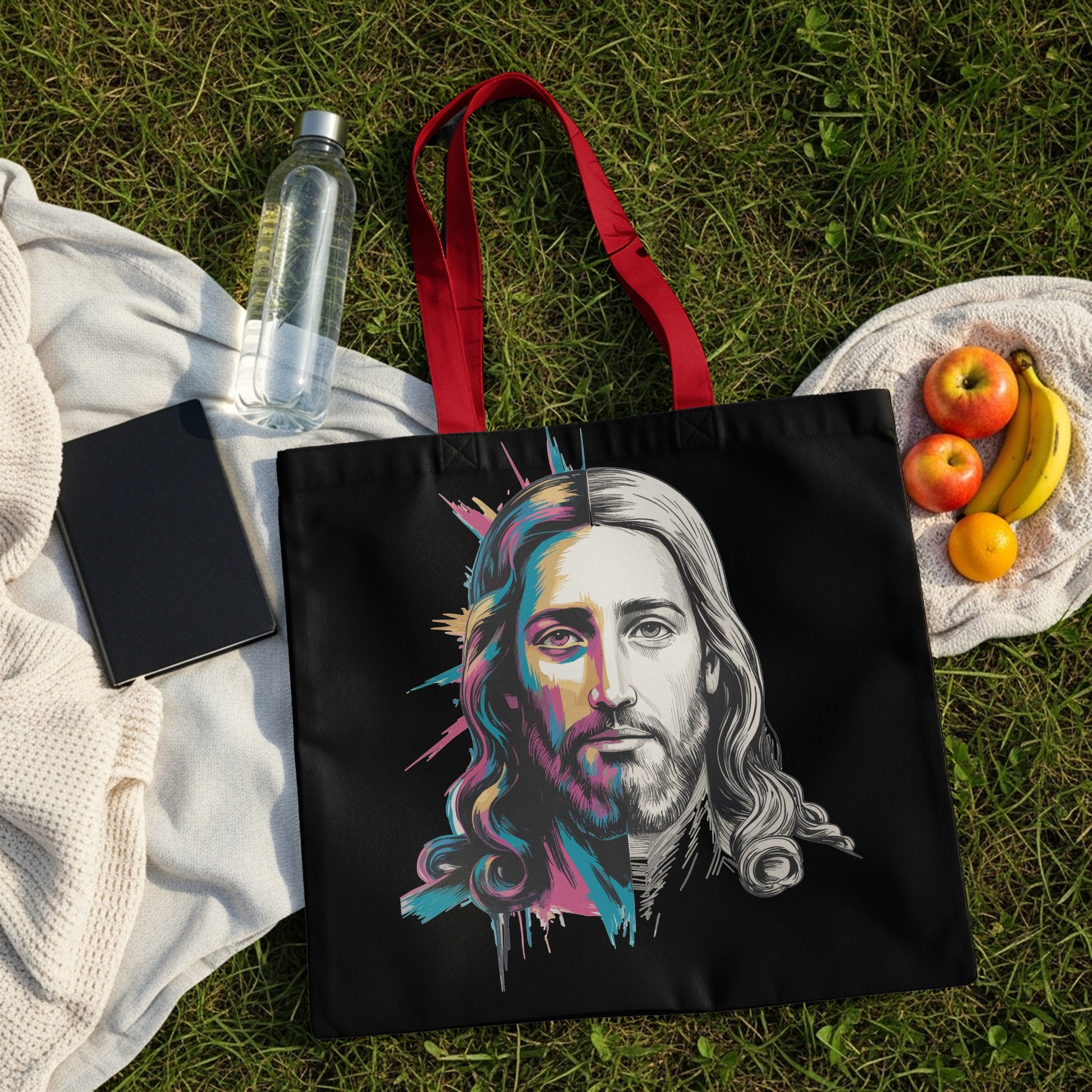 Black tote bag with a colorful, artistic portrait of Jesus.