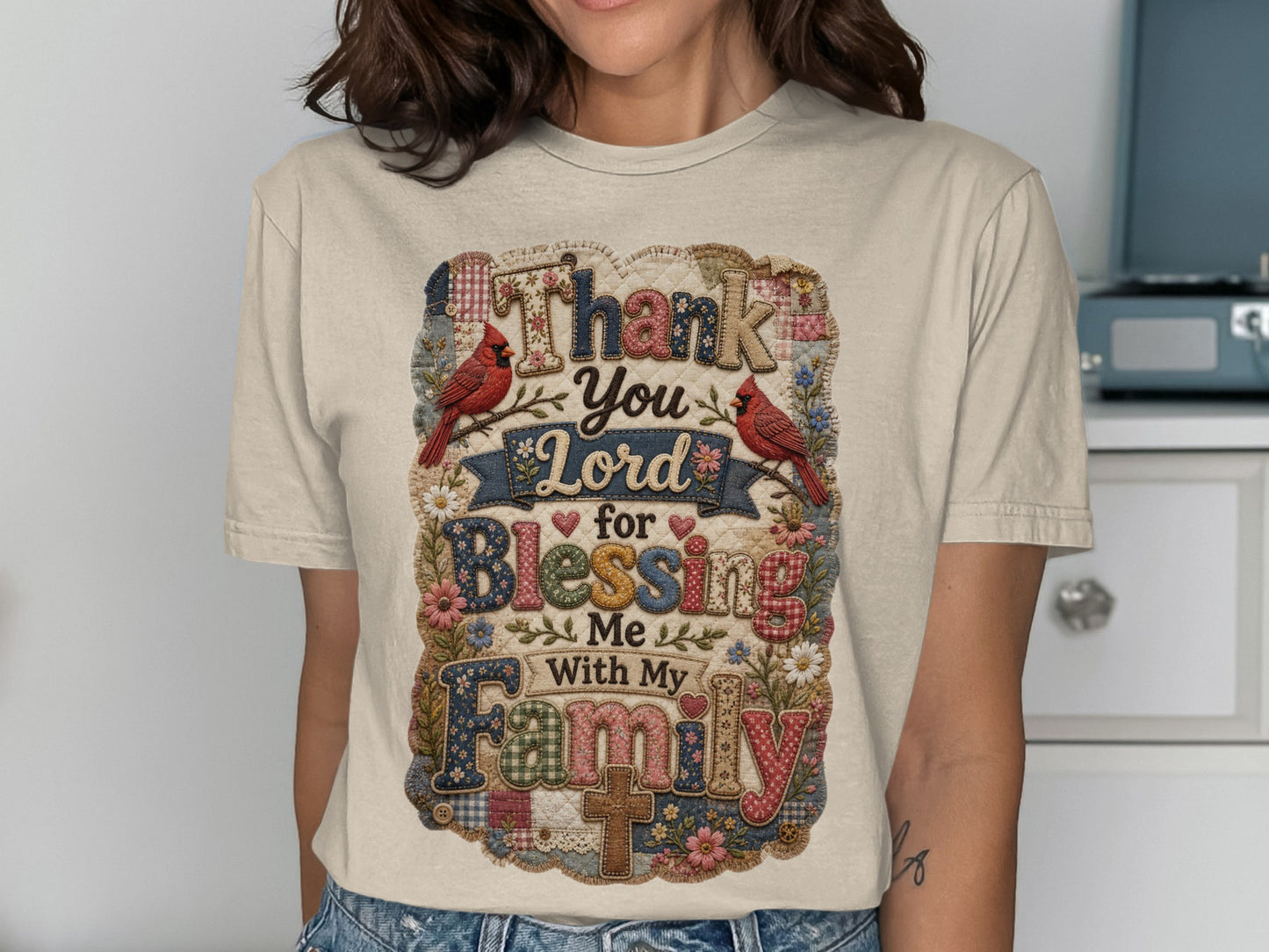 "Thank Lord for Blessing Me With Family" text with birds and floral patchwork design.