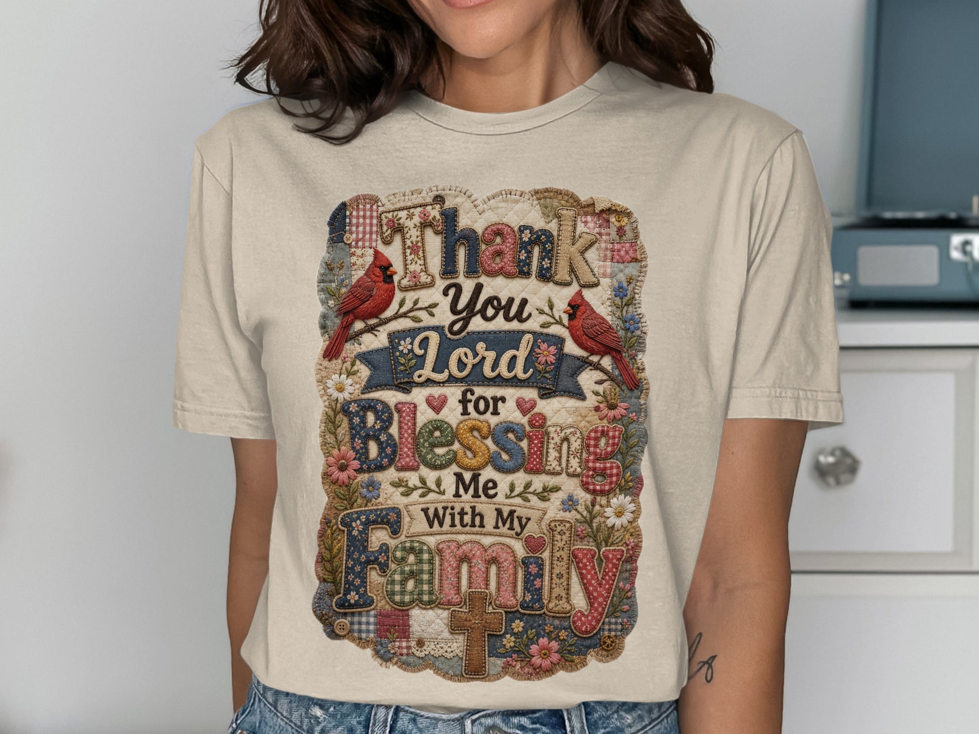 "Thank Lord for Blessing Me With Family" text with birds and floral patchwork design.